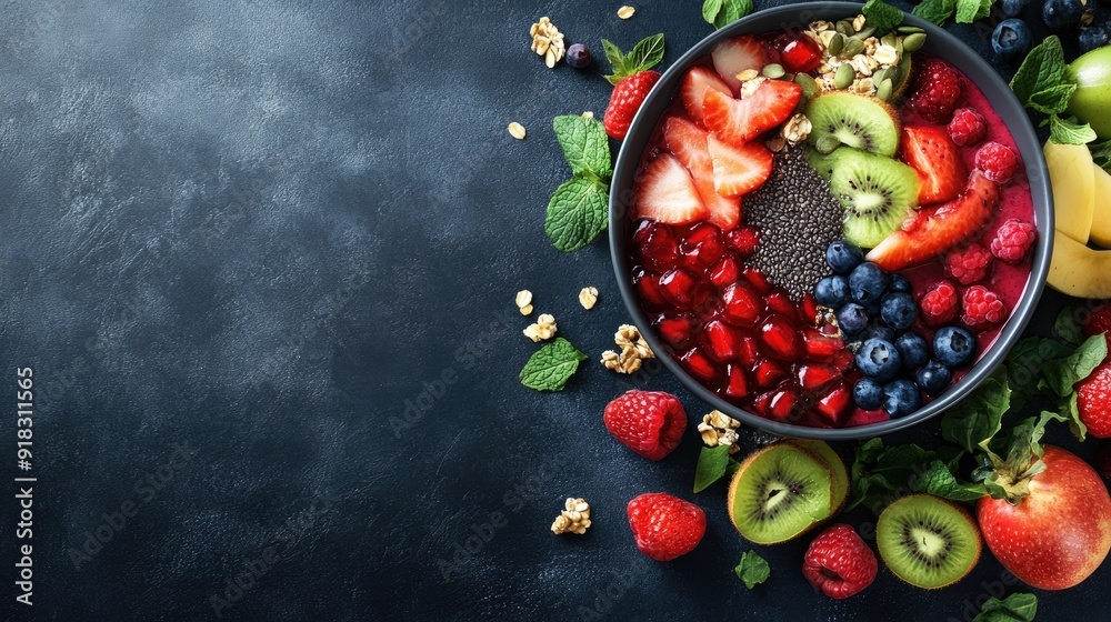 A vibrant smoothie bowl with fresh fruits and seeds, space for branding or text A vibrant smoothie bowl with fresh fruits and seeds, space for branding or text
