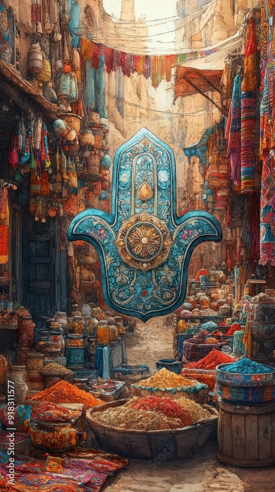Fototapeta premium Hamsa Hand Desert Market Judaism, Islam Religion Spiritual Symbol - Generative AI