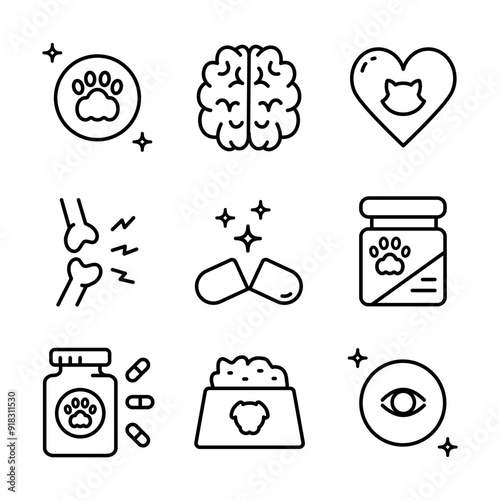Pets vitamins outline icons set. Different types of pets medicine, vitamins and supplements. Simple outline vector icons for ui and ux, website or mobile application.