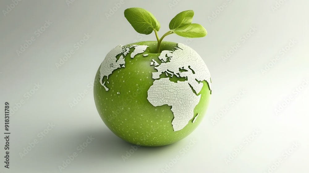 3D illustration of green apple-shaped Earth with sprout, bright studio lighting