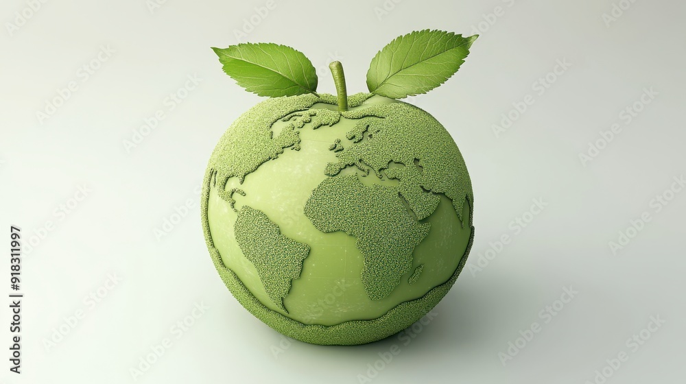 3D illustration of green apple-shaped Earth with sprout, bright studio lighting 3D illustration of green apple-shaped Earth with sprout, bright studio lighting