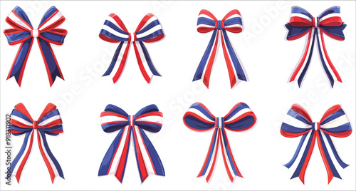 Set of Patriotic Ribbon tie bow with France flag, Patriotic bow with an France flag vector, Bow and ribbon France flag colors, Ribbon bow colors of France flag vector