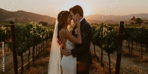 Couple Embraces in Vineyard Sunset