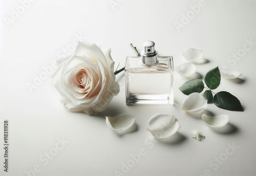  A stylish perfume bottle displayed with a delicate white rose and scattered petals on a minimalist white background..Concept: Purity, elegance, floral fragrance, romantic scent, simplicity photo