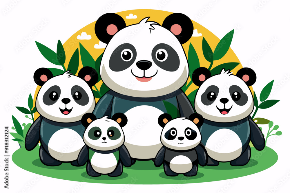 Family of Cute Cartoon Pandas in a Green Forest Family of Cute Cartoon Pandas in a Green Forest