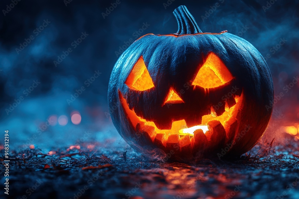 A glowing jack-o'-lantern in a misty, dark setting, symbolizing Halloween festivities. A glowing jack-o'-lantern in a misty, dark setting, symbolizing Halloween festivities.