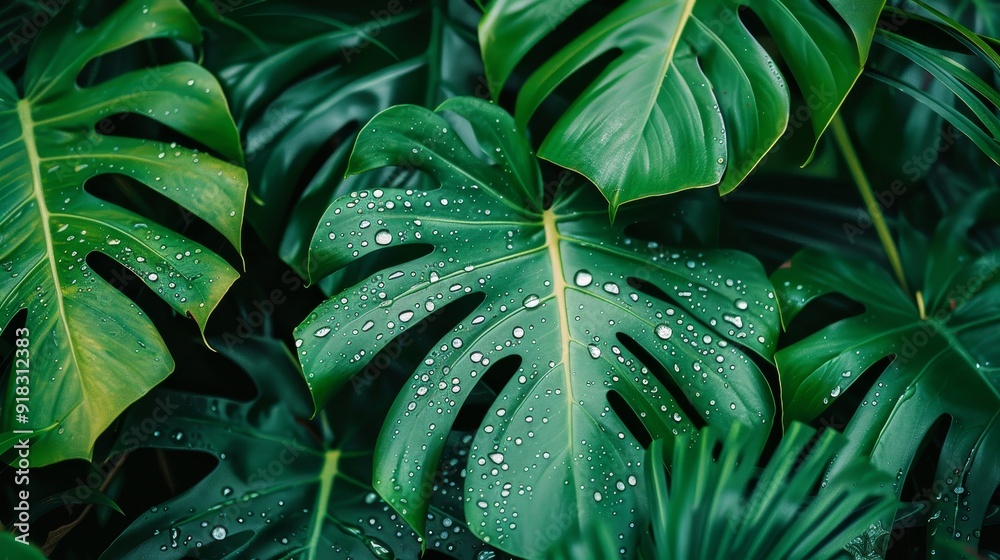 Obraz premium Close-up of vibrant green tropical leaves with water droplets 