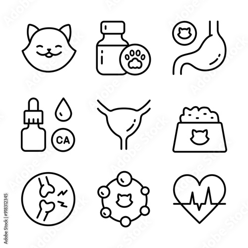 Pets vitamins outline icons set. Different types of cats medicine, vitamins and supplements. Simple outline vector icons for ui and ux, website or mobile application.