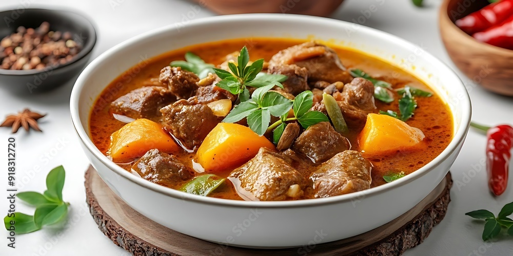 Delicious Beef Stew with Potatoes and Herbs in a White Bowl - Photo Delicious Beef Stew with Potatoes and Herbs in a White Bowl - Photo