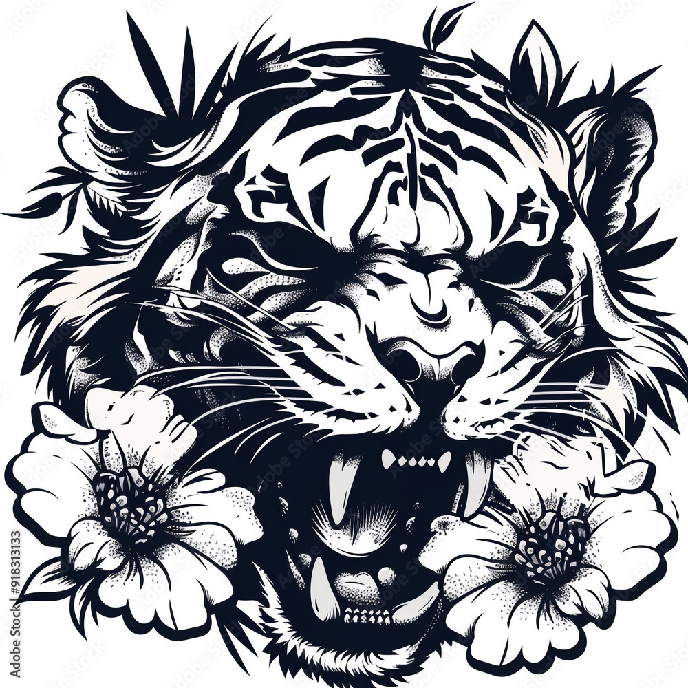 a cave drawing of roaring tiger face with flowers a cave drawing of roaring tiger face with flowers