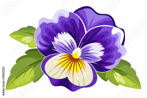 A vibrant purple pansy flower with green leaves