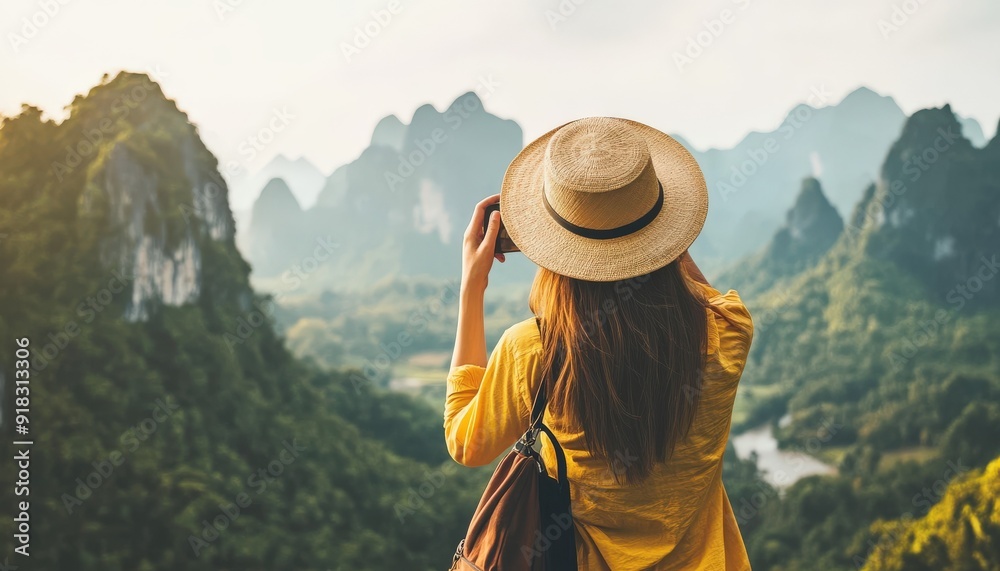 A woman in a yellow shirt and hat captures a scenic mountain view with her camera. A woman in a yellow shirt and hat captures a scenic mountain view with her camera.