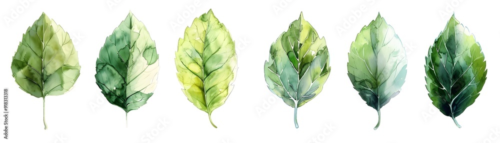 Naklejka premium Watercolor Rose Leaves in Various Green Tones on White Background
