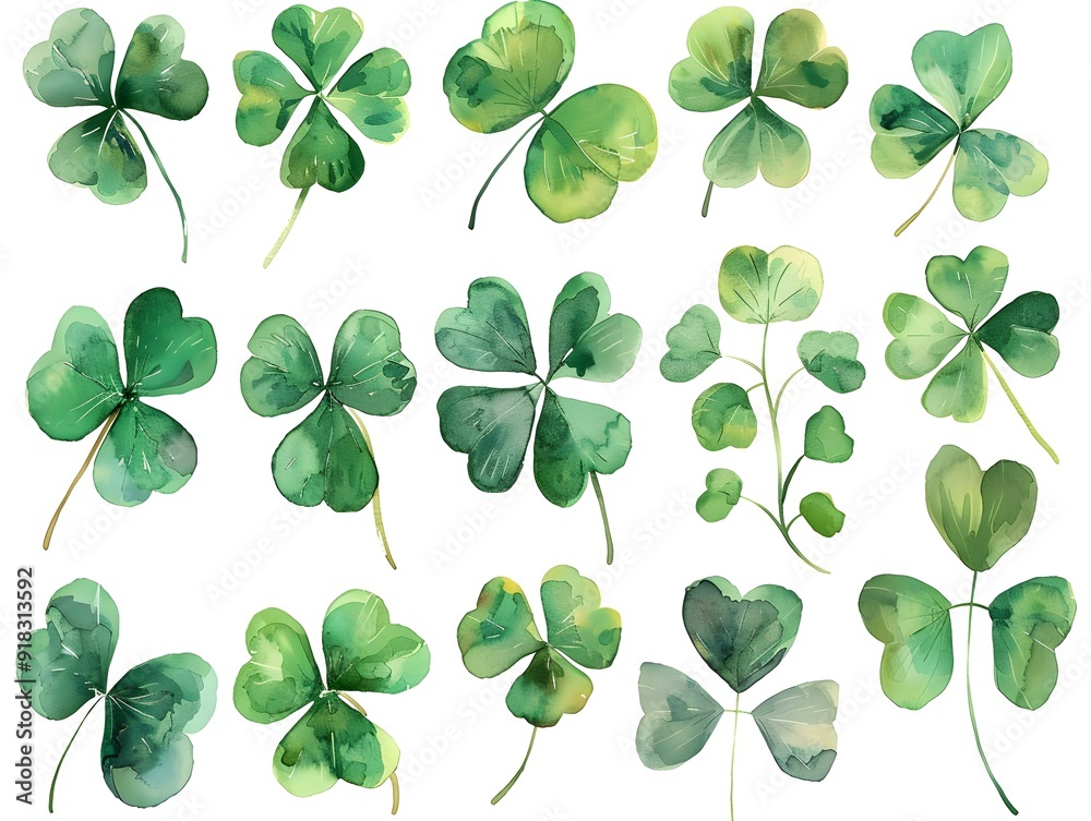 Vibrant Watercolor Clover Leaves Scattered on Clean White Background Botanical Pattern for Nature Vibrant Watercolor Clover Leaves Scattered on Clean White Background Botanical Pattern for Nature