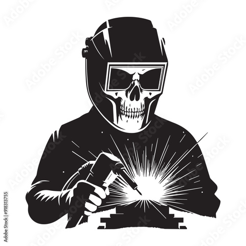 Patriotic Skull Welder Illustration with American Flag Background - Industrial and Gothic Art.