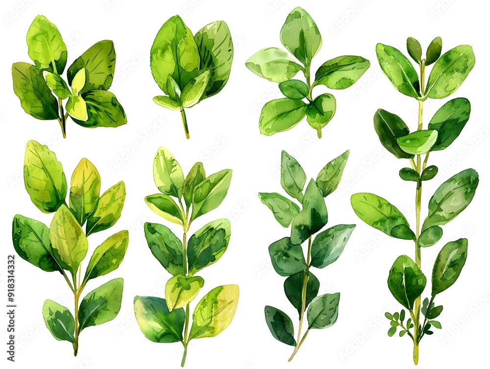 Vibrant Watercolor Thyme Leaves Arranged on White Background for a Fresh Natural Look Vibrant Watercolor Thyme Leaves Arranged on White Background for a Fresh Natural Look