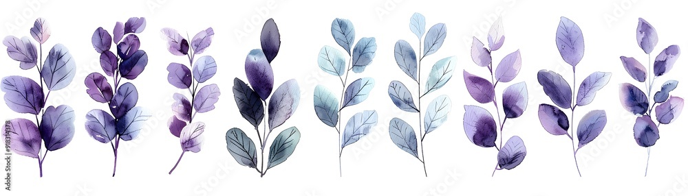 Serene Watercolor Lavender Leaf Set on Peaceful White Background