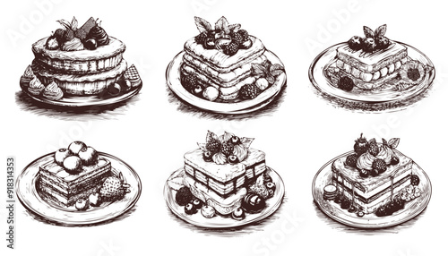 Vintage dessert set. Hand drawn sweet dessert concept. Monochrome retro illustration isolated on white background. French desserts mont blanc, paris brest.