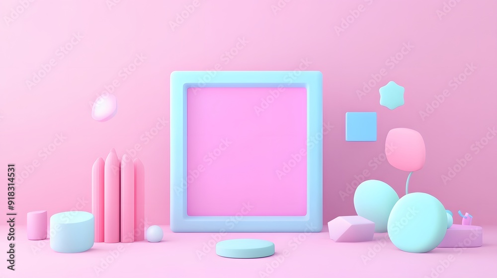 Abstract 3D scene with pastel colored shapes and frame, perfect for product display or branding. Abstract 3D scene with pastel colored shapes and frame, perfect for product display or branding.