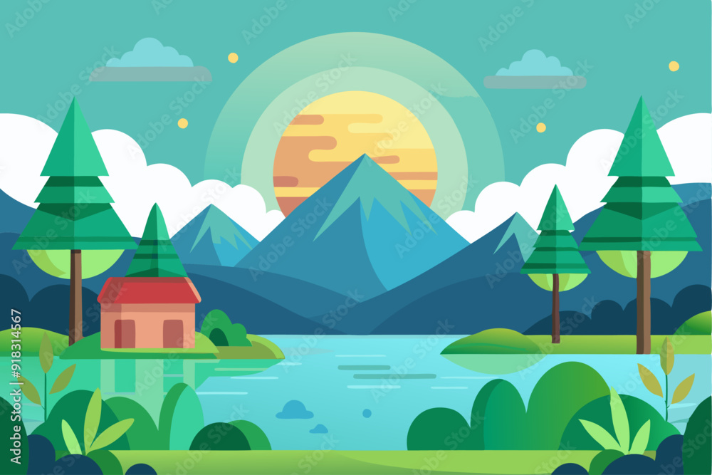 Fototapeta premium Mountain Landscape with Cabin, Lake, and Forest