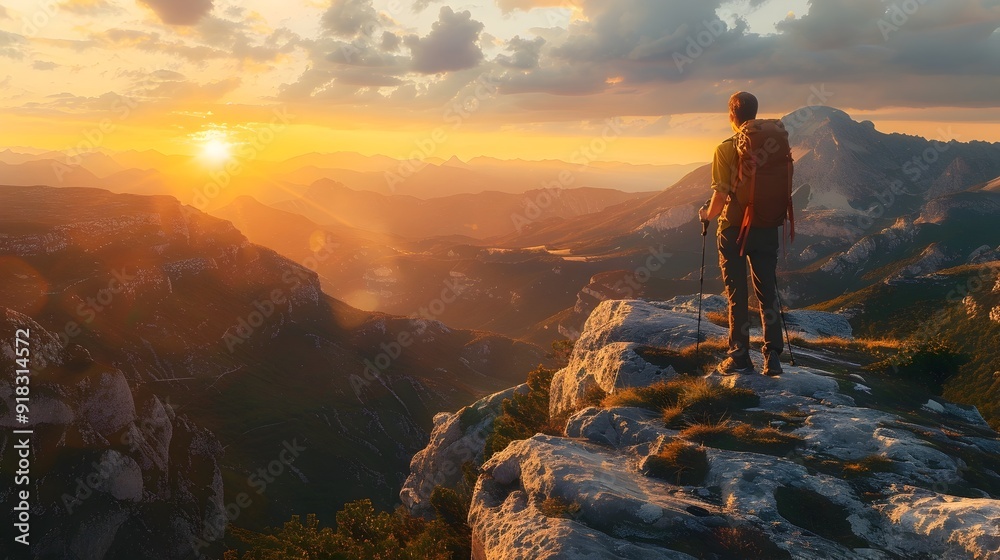Solitary Hiker Admiring Majestic Mountain Sunset Panorama From Cliff Edge Solitary Hiker Admiring Majestic Mountain Sunset Panorama From Cliff Edge