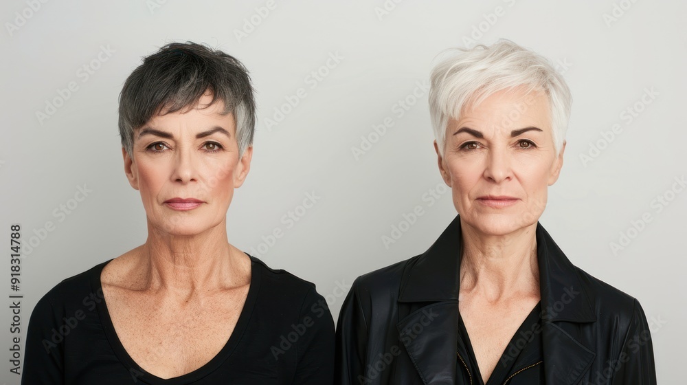 Before-and-after images of a middle-aged model’s haircut, showcasing a dramatic style change. Before-and-after images of a middle-aged model’s haircut, showcasing a dramatic style change.
