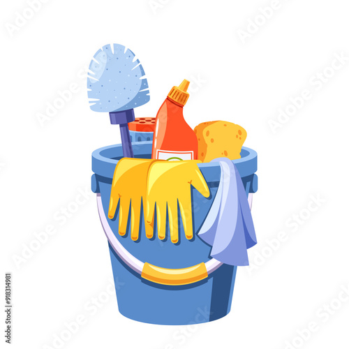 Eco-friendly Cleaning Products, a Brush, Cleaning Solution, Sponge, And Gloves In A Blue Bucket. Vector Illustration