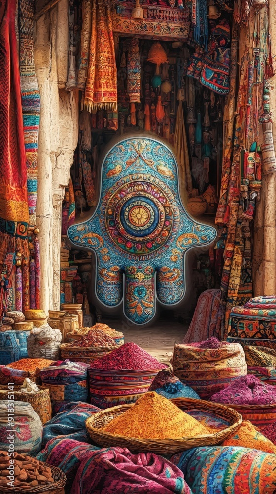 Fototapeta premium Hamsa Hand Desert Market Judaism, Islam Religion Spiritual Symbol - Generative AI