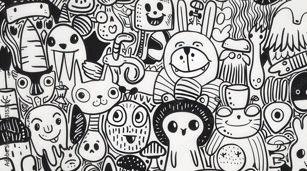 Explore a charming collection of hand-drawn doodles, capturing whimsical characters Explore a charming collection of hand-drawn doodles, capturing whimsical characters