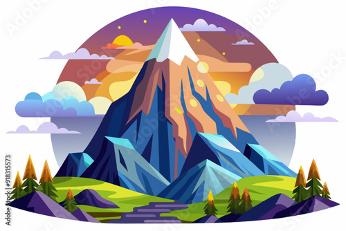 Majestic Mountain Peak Against a Colorful Sunset Sky