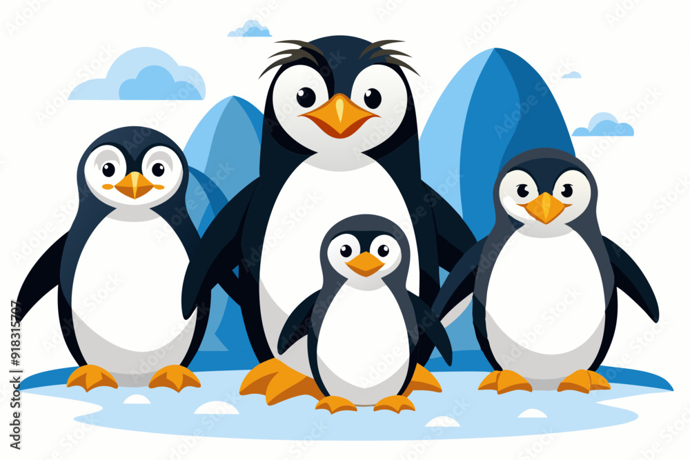 Naklejka premium Four Penguins Standing on Ice with Mountains in the Background