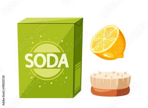 Eco-friendly Cleaning Products Featuring Box Of Baking Soda, Lemon Half, And A Scrub Brush. Cartoon Vector Illustration