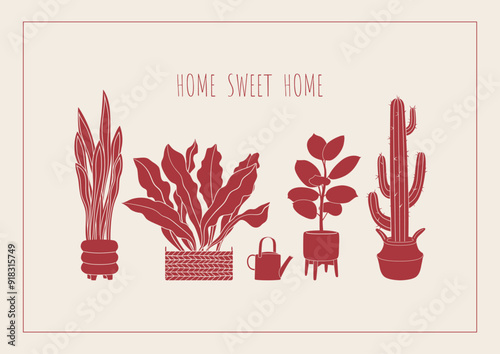 Silhouette potted plants on a new home greeting card. Sweet home house plants in flower pots housewarming invitation. Indoor home plants in monochrome red color. House flowers vector illustration.