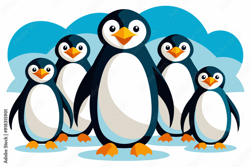 Fototapeta premium Five Cartoon Penguins Standing on Ice