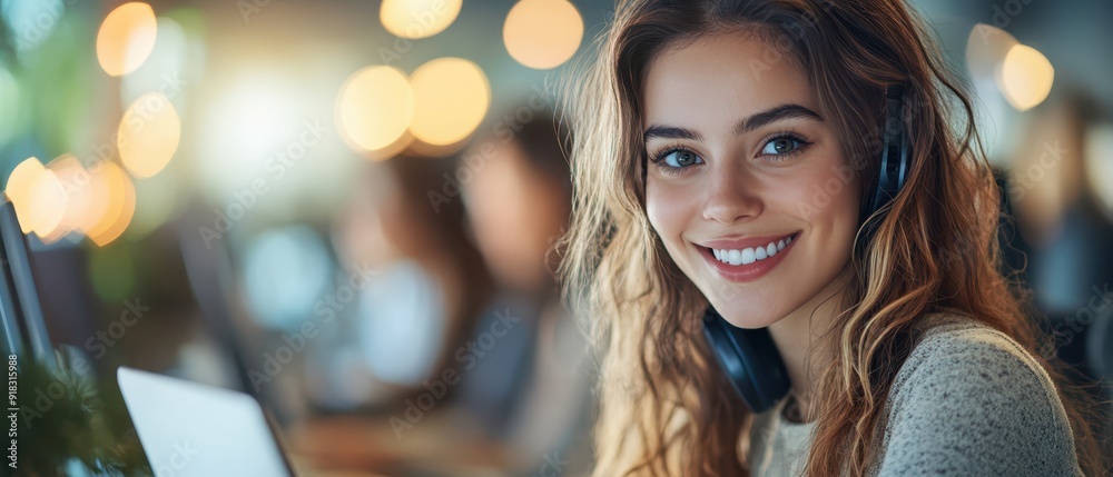 call center women smiled working and providing service with courtesy and attention front of laptop with blurred team working and lens flare and bokeh in office with soft dark tone call center women smiled working and providing service with courtesy and attention front of laptop with blurred team working and lens flare and bokeh in office with soft dark tone