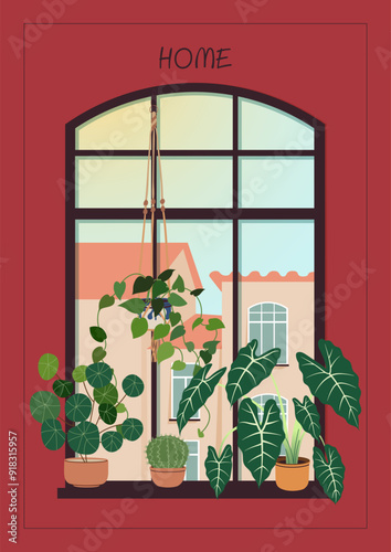 New home colorful greeting card, print, poster, housewarming invitation. New place to live in a postcard with potted plants on the window sill, cityscape, and red background. Flat vector illustration.