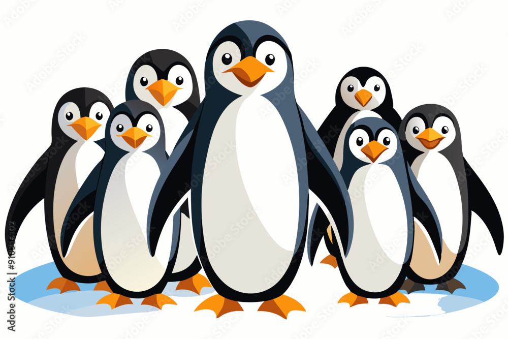Seven Cartoon Penguins Standing on Ice Seven Cartoon Penguins Standing on Ice
