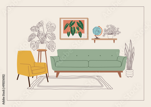 New home greeting card, print, poster. Housewarming party invitation with interior scene. New place to live in a postcard with couch, armchair, and outline potted plants. Flat vector illustration.