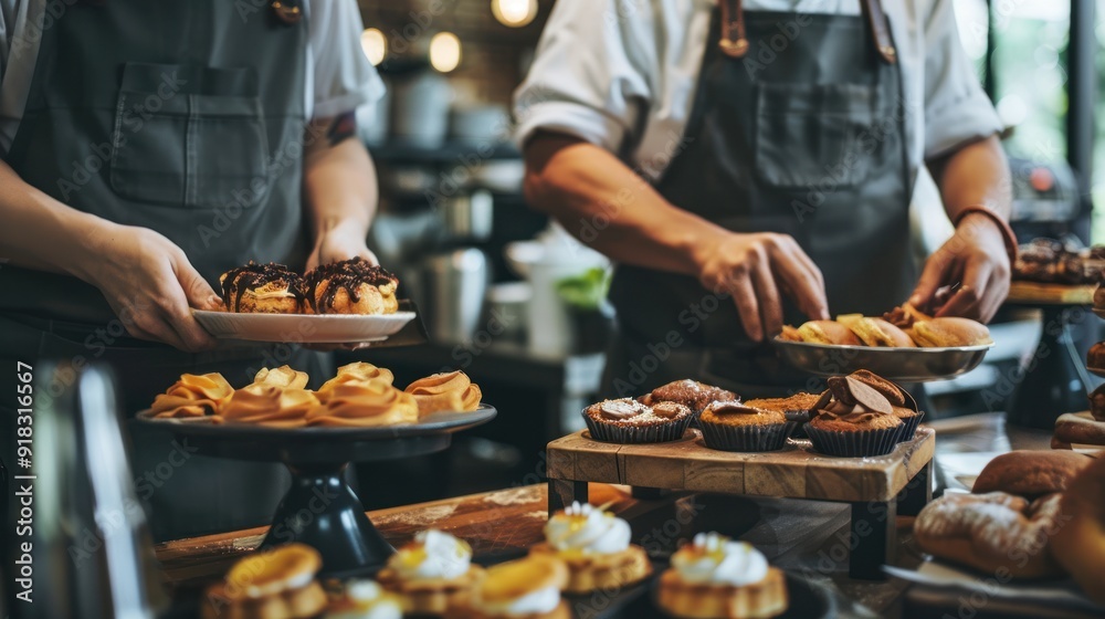 Café staff in aprons, arranging pastries and beverages for display. Café staff in aprons, arranging pastries and beverages for display.