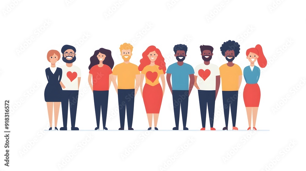 Diverse group of people standing together, each with a heart on their chest, representing unity and love. Diverse group of people standing together, each with a heart on their chest, representing unity and love.