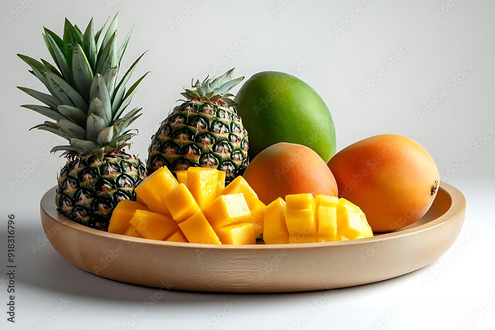 Fresh Pineapple and Mangoes in Wooden Bowl - Realistic Image Fresh Pineapple and Mangoes in Wooden Bowl - Realistic Image