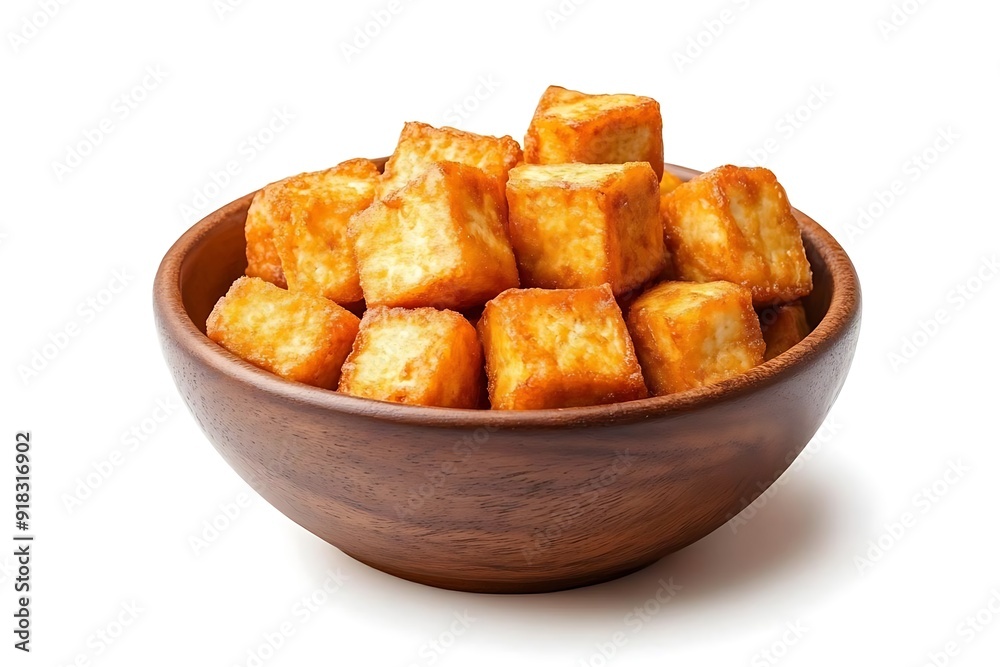 Fried Tofu Cubes in a Wooden Bowl - Food Photography Fried Tofu Cubes in a Wooden Bowl - Food Photography