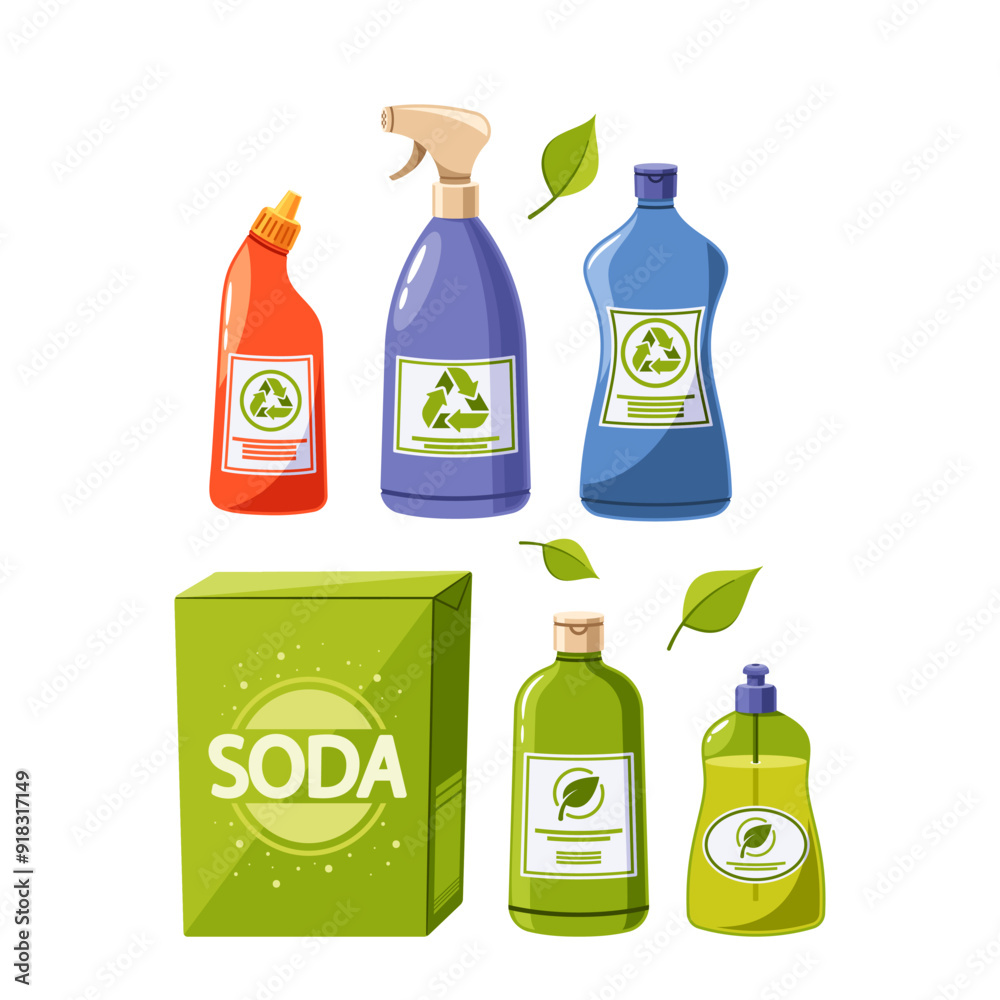 Eco-friendly Cleaning Products, Featuring Bottles And A Soda Box. The Products Use Recyclable Packaging Eco-friendly Cleaning Products, Featuring Bottles And A Soda Box. The Products Use Recyclable Packaging