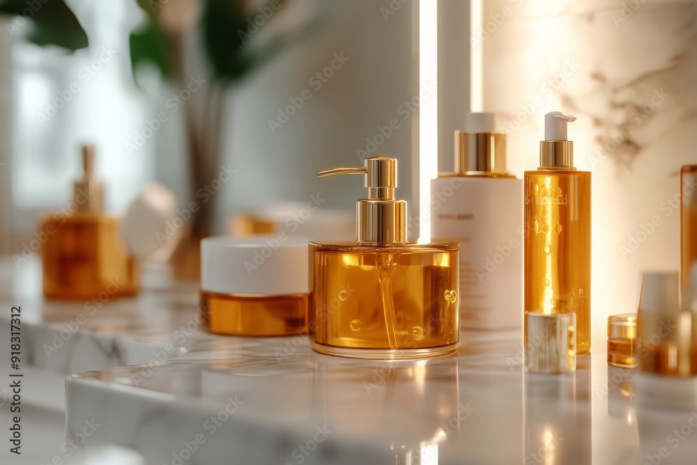 Elegant bathroom countertop with luxury skincare products in amber glass bottles, creating a spa-like ambiance with soft lighting. Elegant bathroom countertop with luxury skincare products in amber glass bottles, creating a spa-like ambiance with soft lighting.