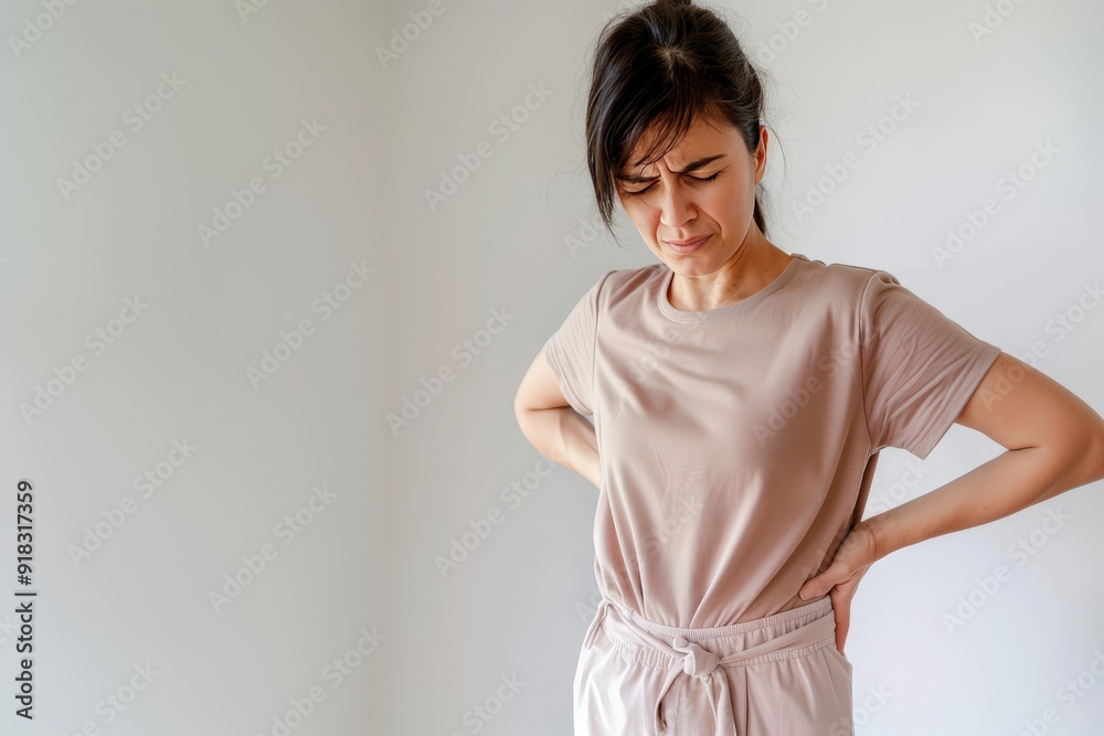 A woman experiencing discomfort in her lower back while standing.