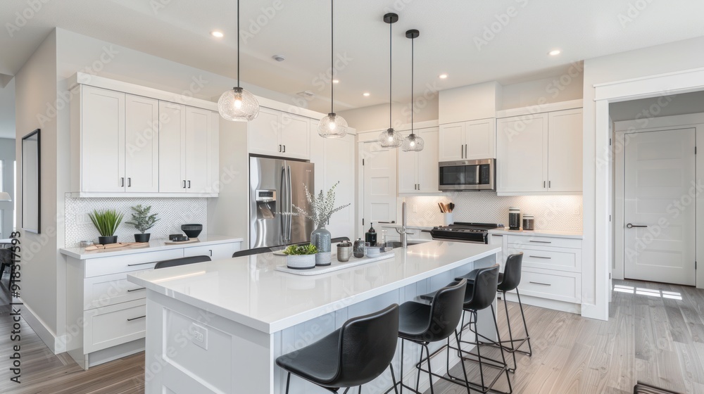 Fototapeta premium Chic kitchen design featuring white countertops and a minimalist dining area.
