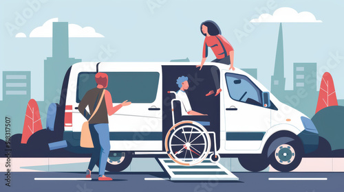 A woman supporting a man in a wheelchair as they use an accessible van ramp, illustrating concepts of disability and mobility