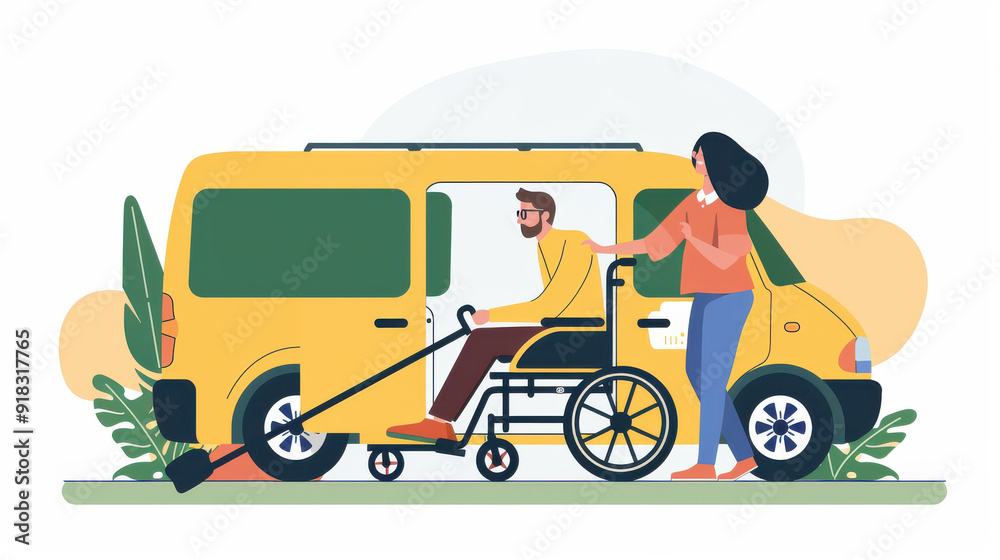 Fototapeta premium Accessible transportation: a woman helping a man in a wheelchair onto a van ramp, emphasizing disability and movement