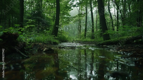 A serene forest with lush green trees, reflecting in a calm, shallow stream, creating a peaceful and tranquil natural landscape.
