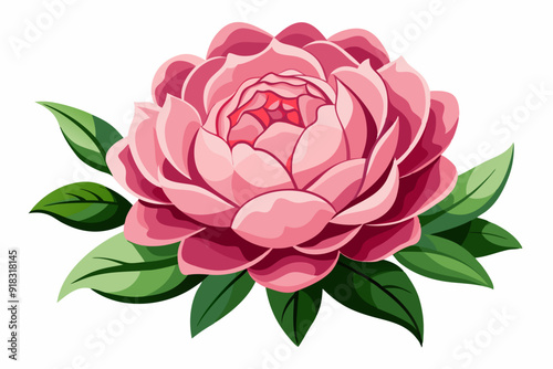 A Pink Flower with Green Leaves on a White Background